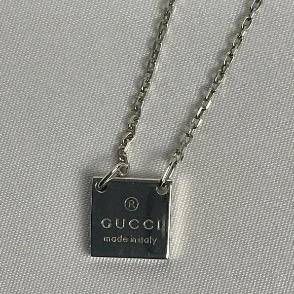 Authentic Gucci Square Plate Tag Pendant 925 Silver Necklace Signature Clasp - Picture 5 of 14